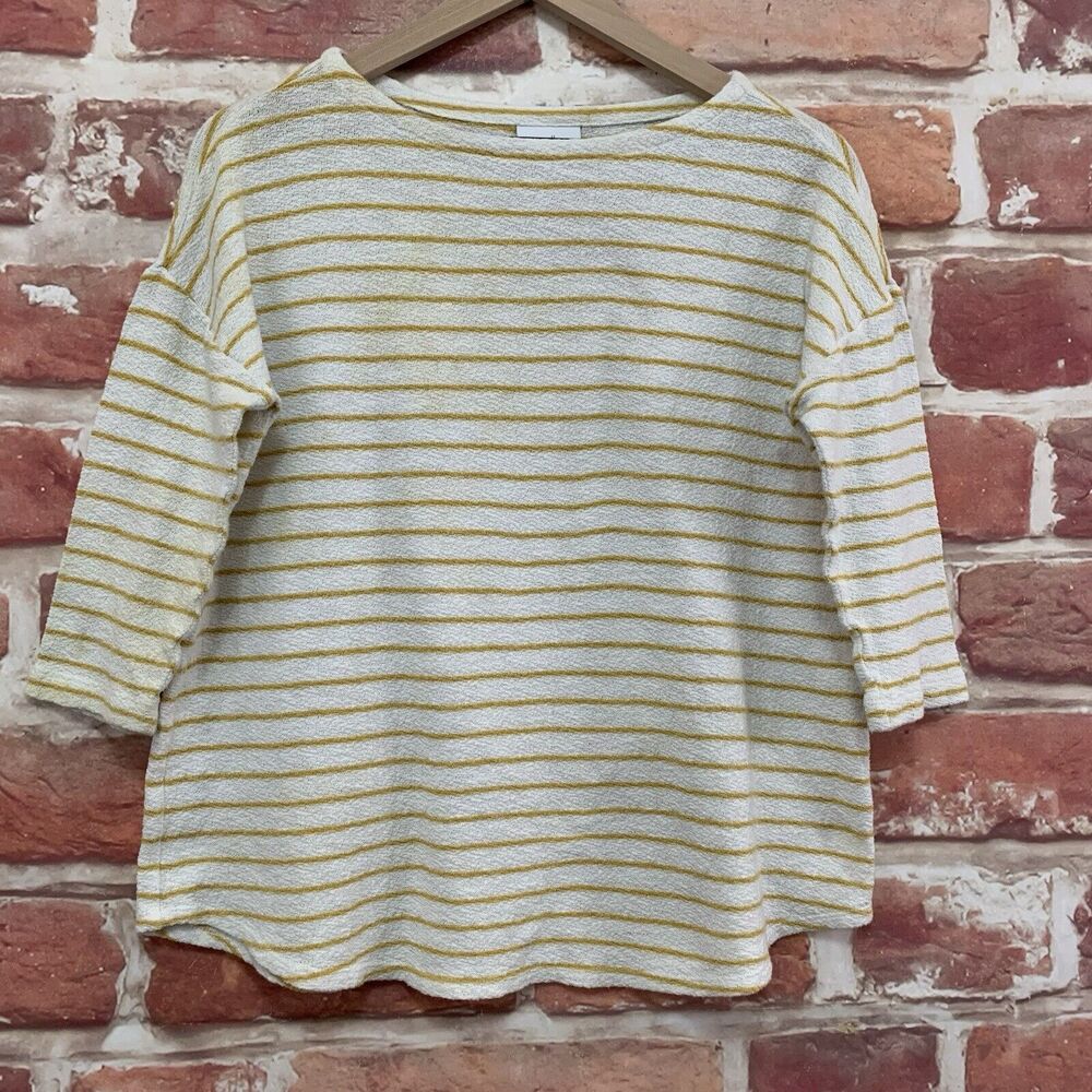 J Jill Top Shirt Women's Small White Yellow Striped Terry Casual Popover Blouse - Picture 6 of 8